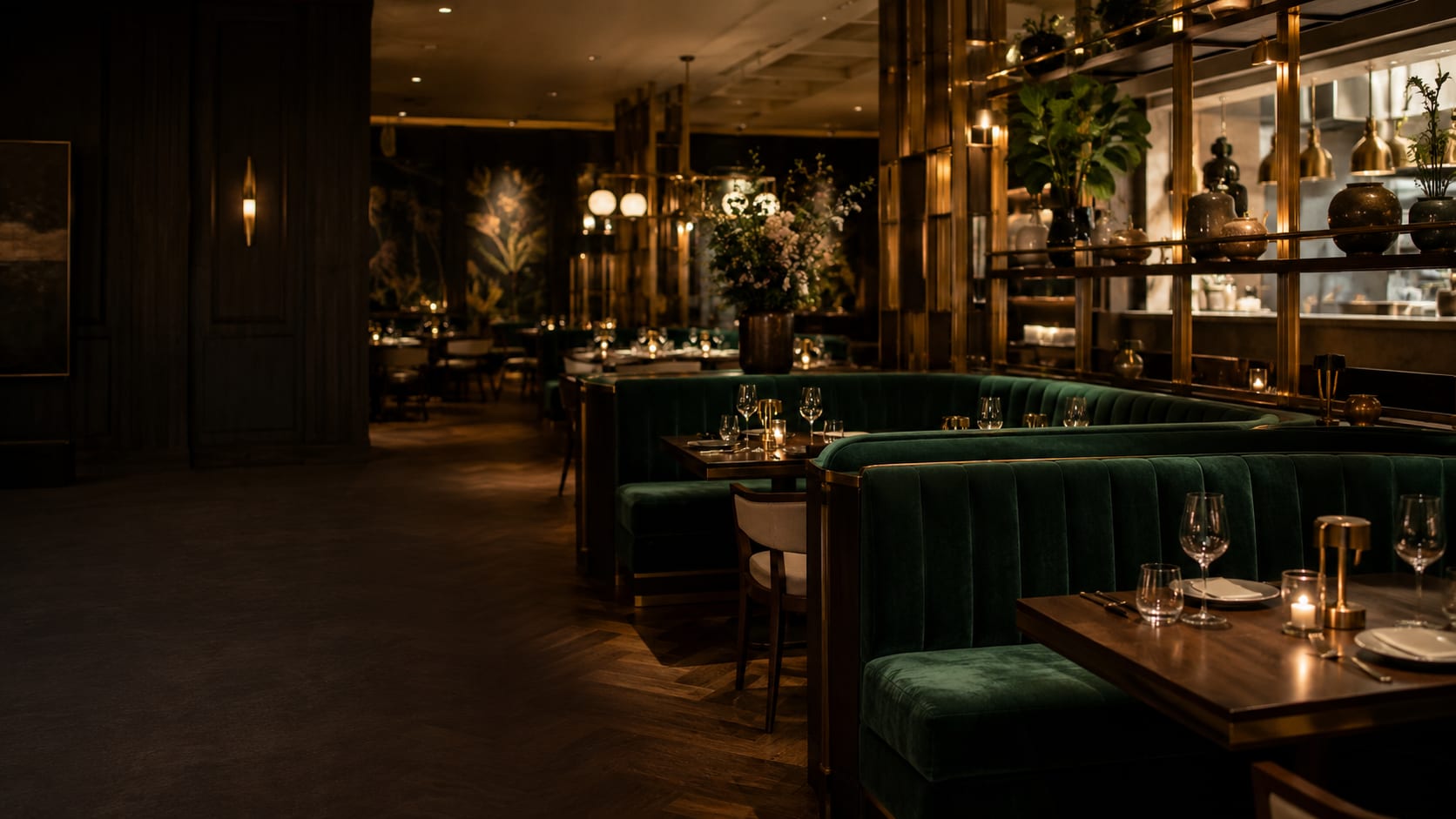 Upscale restaurant dining room during evening service